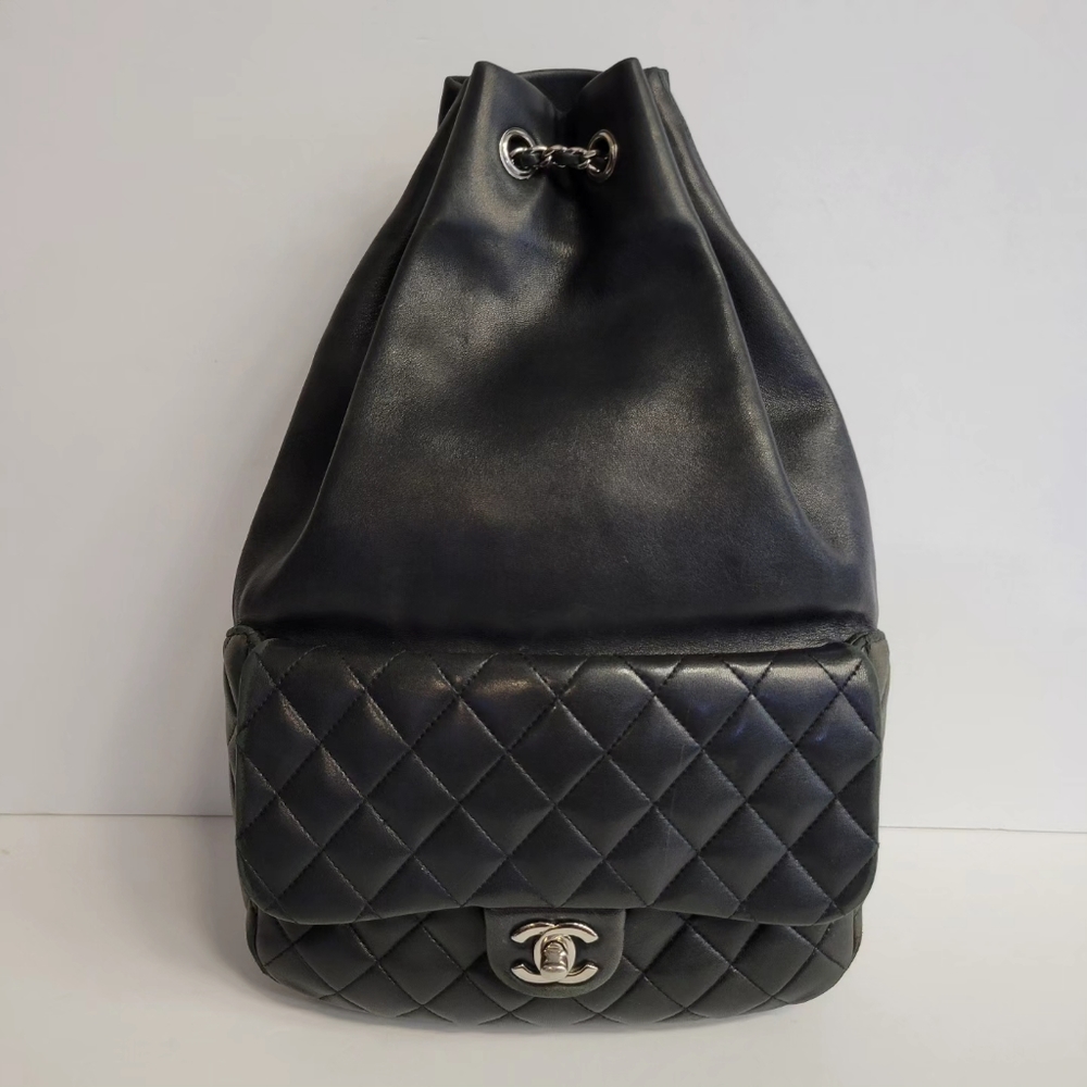 CHANEL Quilted Black Leather Chain Strap Backpack w Dust bag
